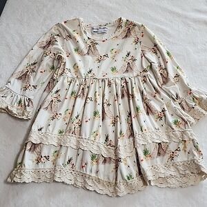 Sassy Ruffles Girls 2T Boho Teepee Floral Long Sleeve Lace Trim Dress Ivory